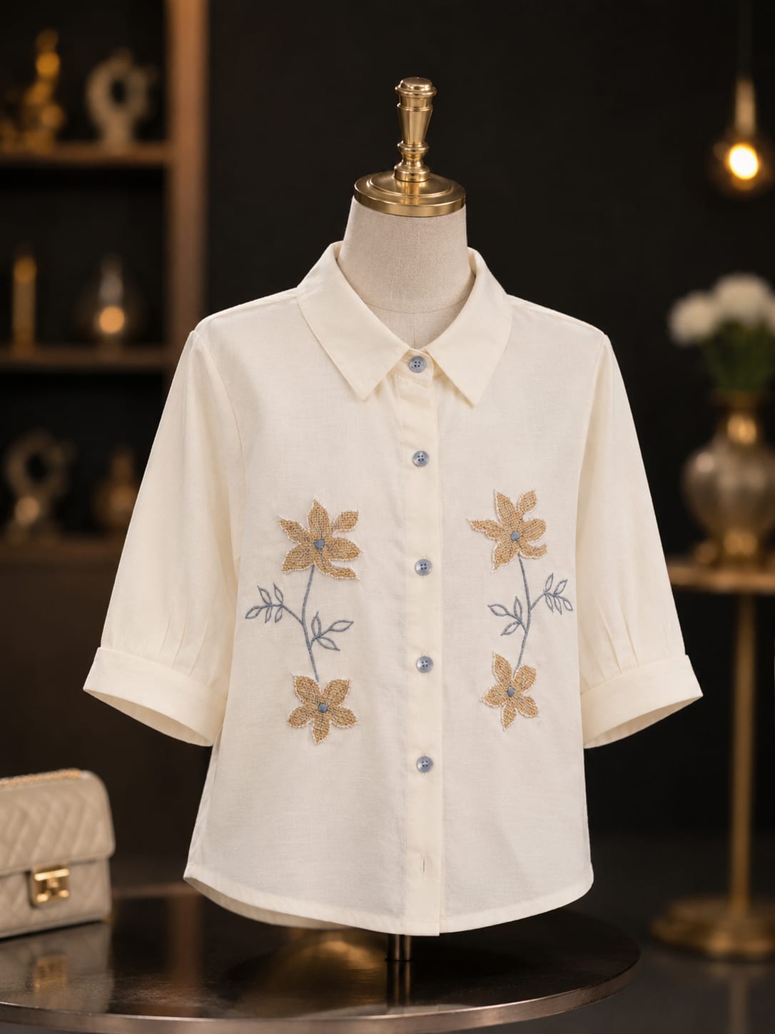 Girls Elegant Floral Embroidered Cotton Shirt | Stylish Half Sleeve Collared Casual Shirt for Kids | Premium Korean-Inspired Fashion | 4–11 Years