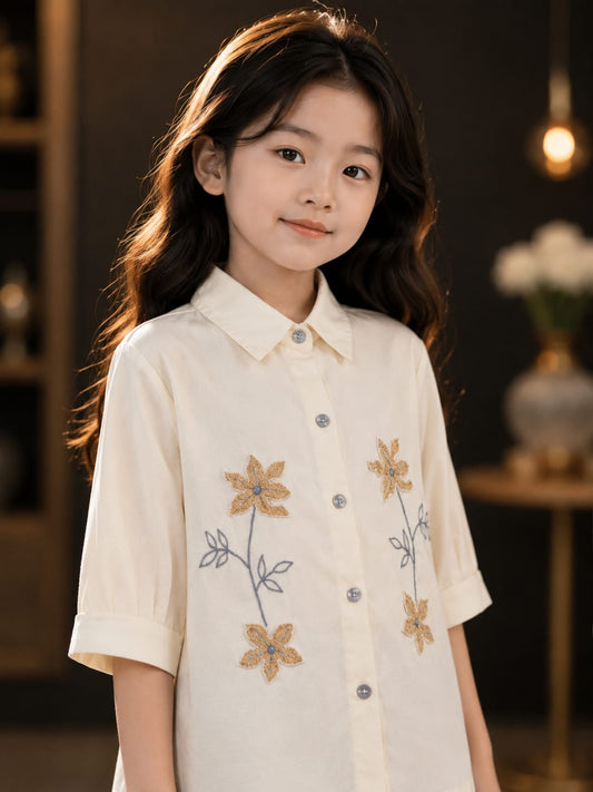 Girls Elegant Floral Embroidered Cotton Shirt | Stylish Half Sleeve Collared Casual Shirt for Kids | Premium Korean-Inspired Fashion | 4–11 Years