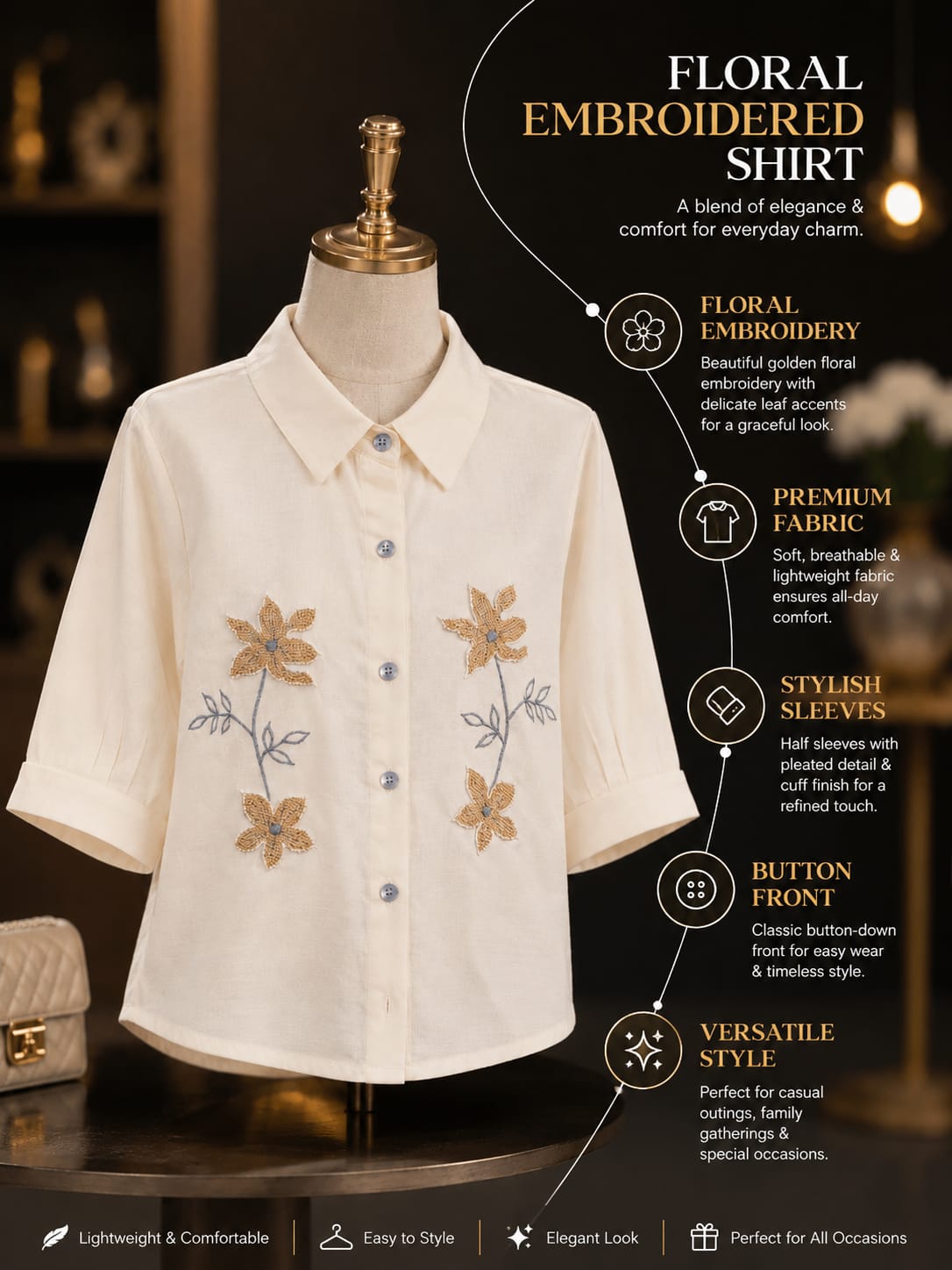 Girls Elegant Floral Embroidered Cotton Shirt | Stylish Half Sleeve Collared Casual Shirt for Kids | Premium Korean-Inspired Fashion | 4–11 Years