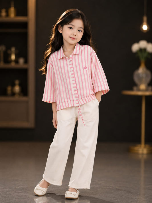 Girls Pink & White Striped Collared Shirt | Stylish Half Sleeve Button-Up Top with Adjustable Drawstring Hem | Korean-Inspired Casual Fashion for Kids