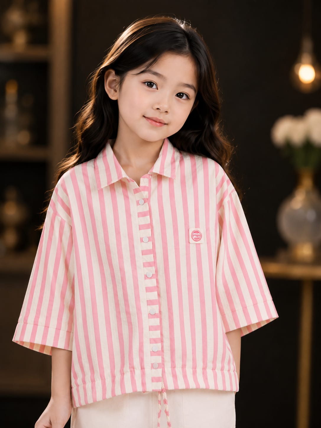 Girls Pink & White Striped Collared Shirt | Stylish Half Sleeve Button-Up Top with Adjustable Drawstring Hem | Korean-Inspired Casual Fashion for Kids