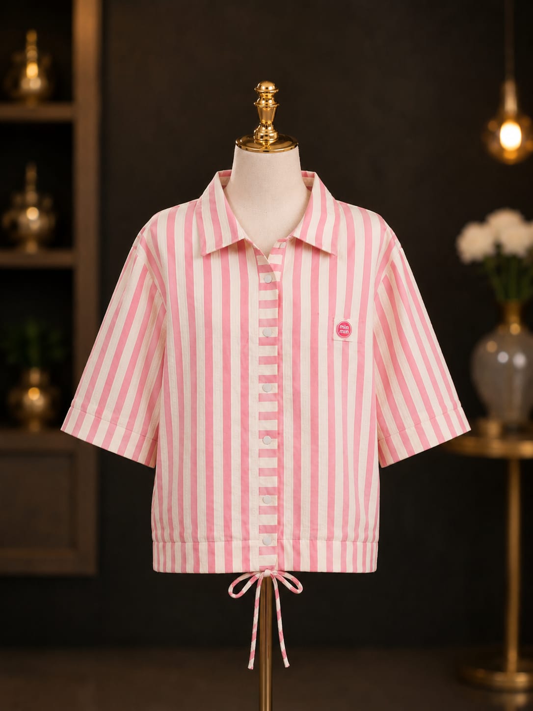 Girls Pink & White Striped Collared Shirt | Stylish Half Sleeve Button-Up Top with Adjustable Drawstring Hem | Korean-Inspired Casual Fashion for Kids