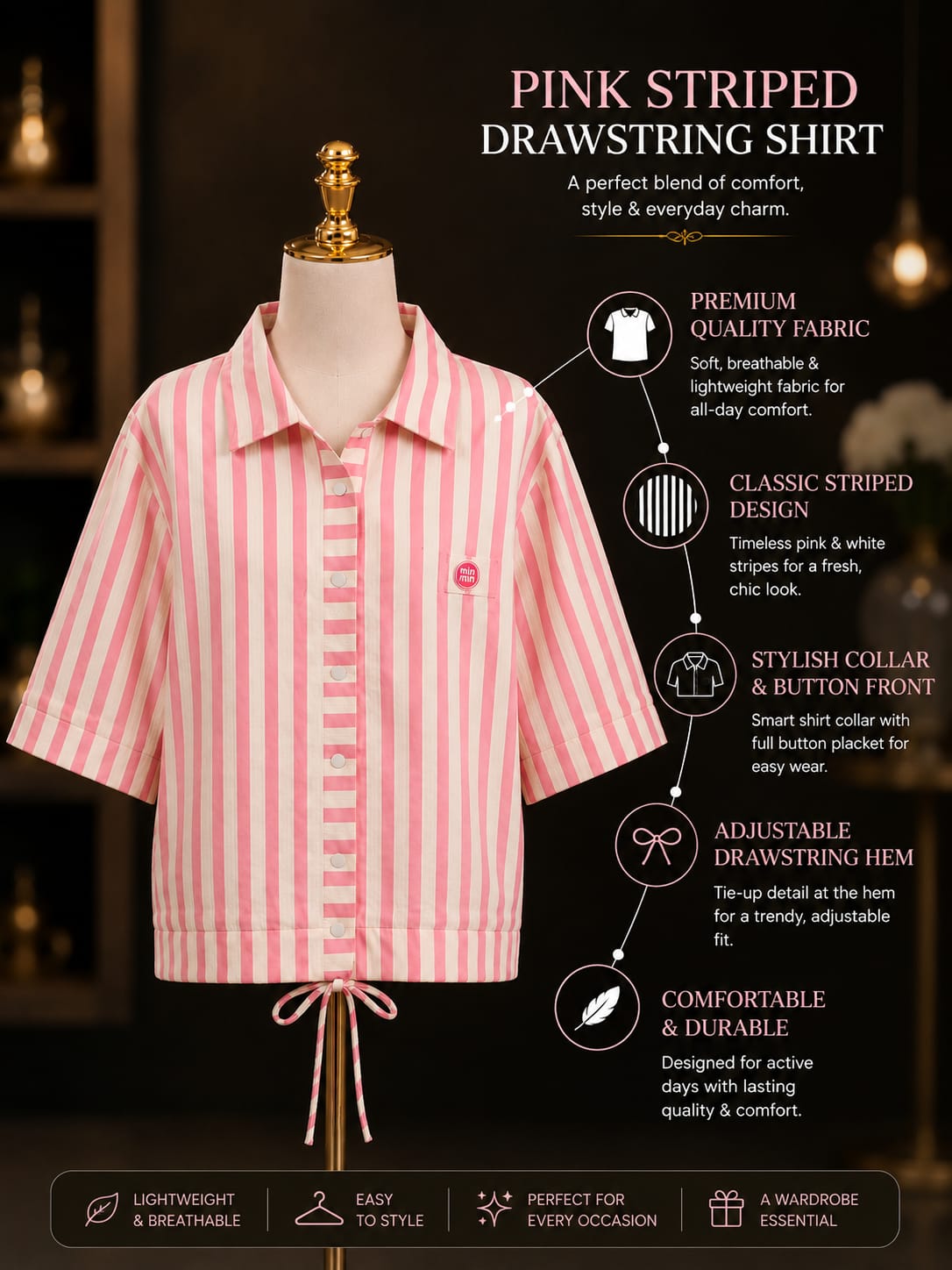 Girls Pink & White Striped Collared Shirt | Stylish Half Sleeve Button-Up Top with Adjustable Drawstring Hem | Korean-Inspired Casual Fashion for Kids