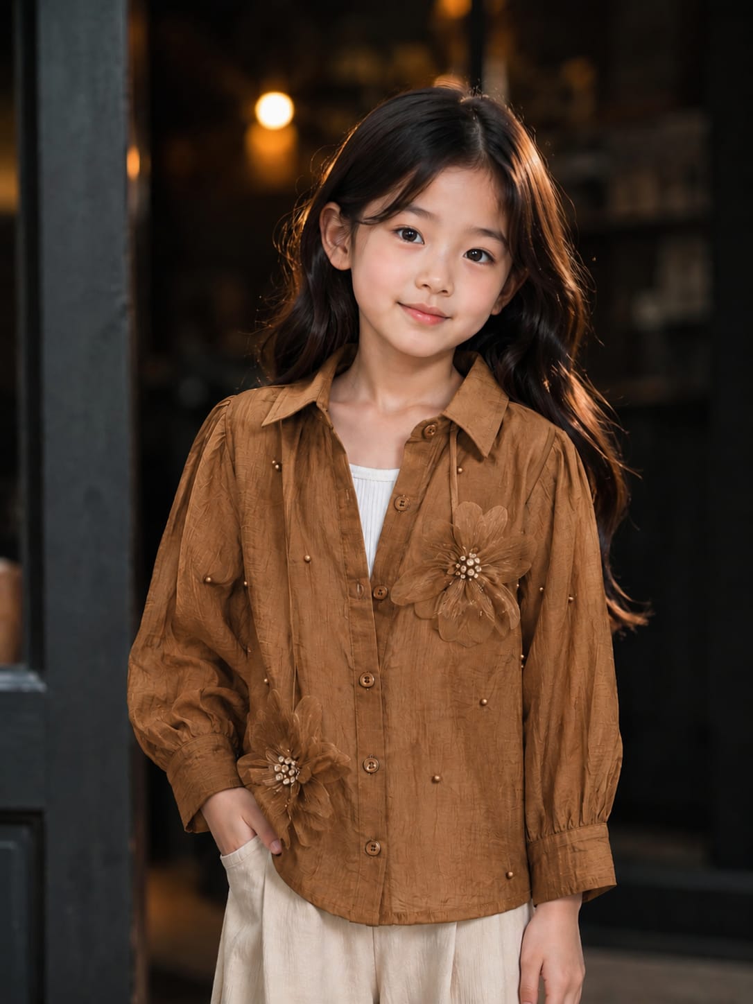 Girls Premium Brown Floral Embellished Full Sleeve Shirt | Elegant Party & Casual Wear for Kids