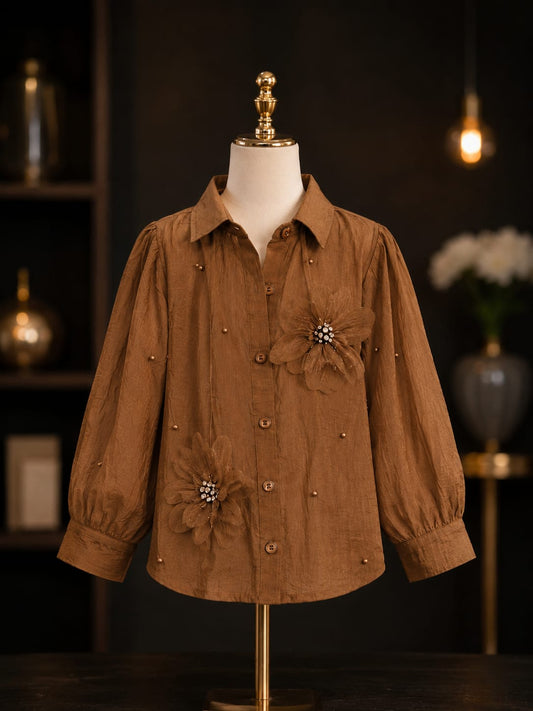Girls Premium Brown Floral Embellished Full Sleeve Shirt | Elegant Party & Casual Wear for Kids