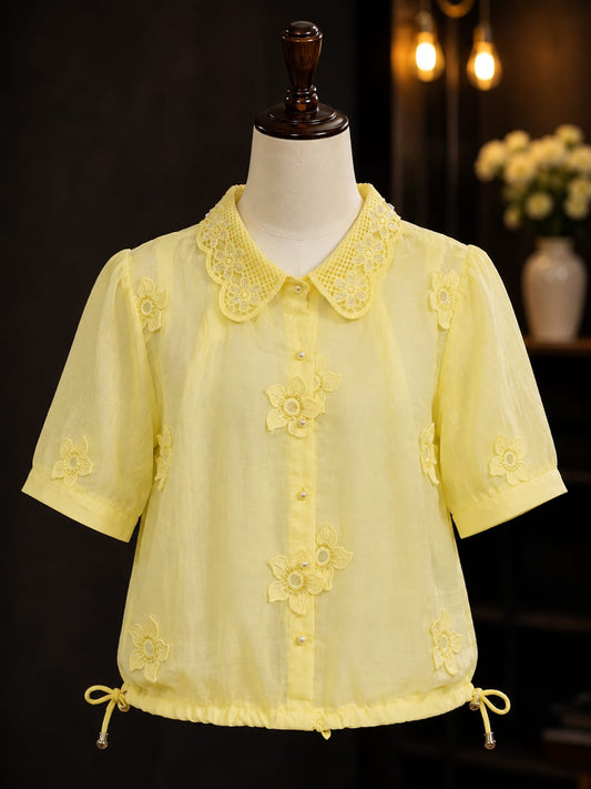 Girls Yellow Floral Embroidered Shirt | Stylish Peter Pan Collar Half Sleeve Top with Drawstring Hem | Korean-Inspired Casual Fashion for Kids