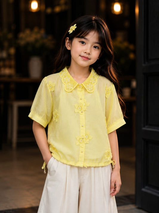Girls Yellow Floral Embroidered Shirt | Stylish Peter Pan Collar Half Sleeve Top with Drawstring Hem | Korean-Inspired Casual Fashion for Kids
