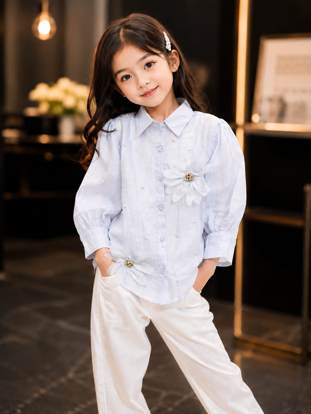 Girls Premium Light Blue Floral Embellished Shirt with Inner Top | Stylish Full Sleeve Layered Outfit for Kids