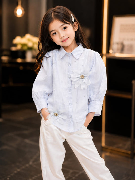 Girls Premium Light Blue Floral Embellished Shirt with Inner Top | Stylish Full Sleeve Layered Outfit for Kids