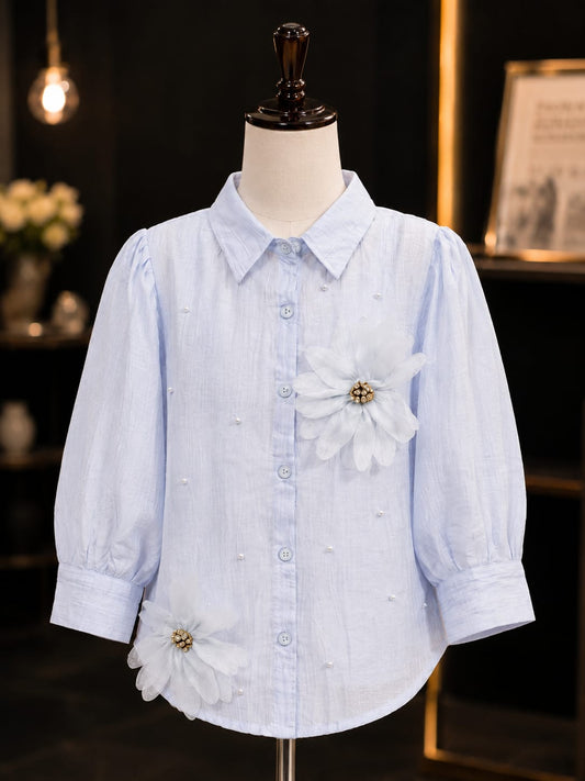 Girls Premium Light Blue Floral Embellished Shirt with Inner Top | Stylish Full Sleeve Layered Outfit for Kids