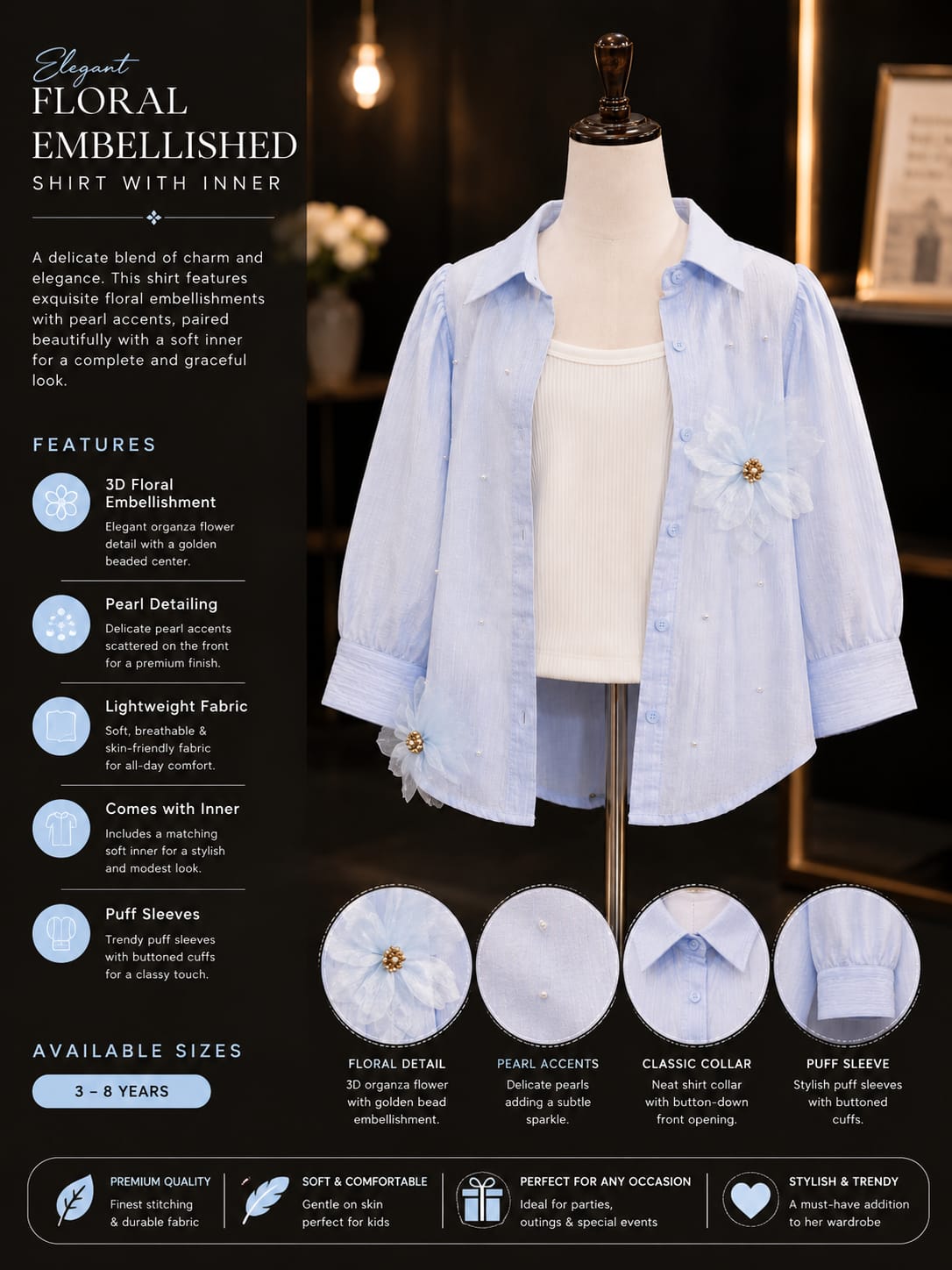 Girls Premium Light Blue Floral Embellished Shirt with Inner Top | Stylish Full Sleeve Layered Outfit for Kids