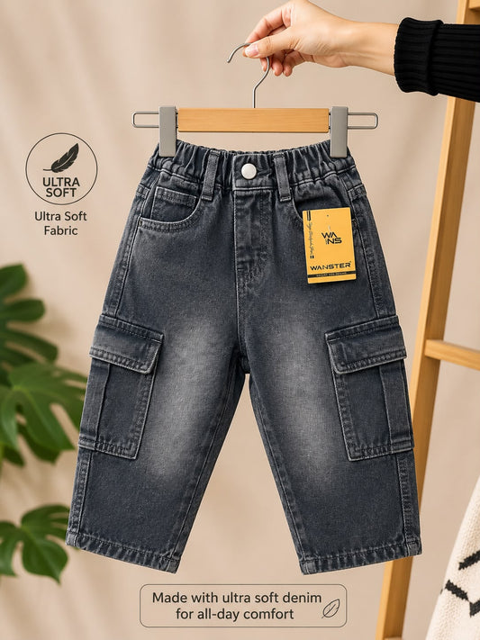 Boys Premium Ultra Soft Denim Cargo Shorts | Stylish Black Grey Kidswear | Sizes 18-26