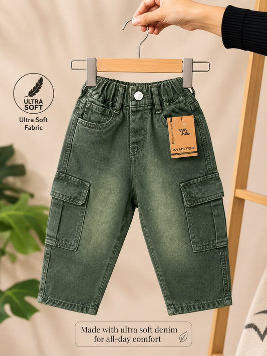 Boys Premium Olive Green Ultra Soft Denim Cargo Shorts | Stylish Kidswear | Sizes 18-26