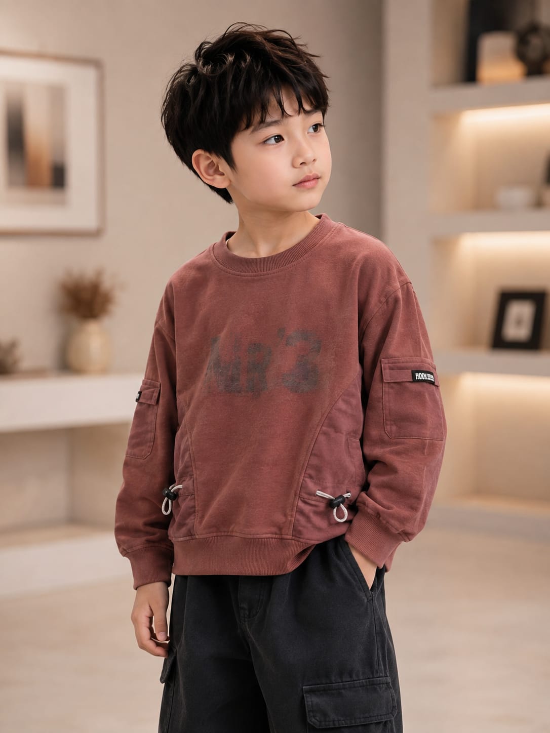 Boys Premium Utility Sweatshirt – Maroon Oversized Cargo Style