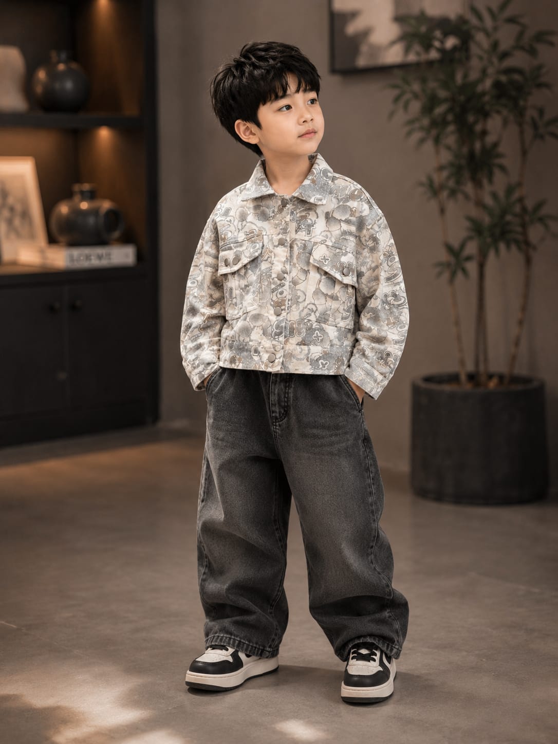 Boys Premium Printed Denim Jacket – Full Sleeve Multi-Pocket Jacket