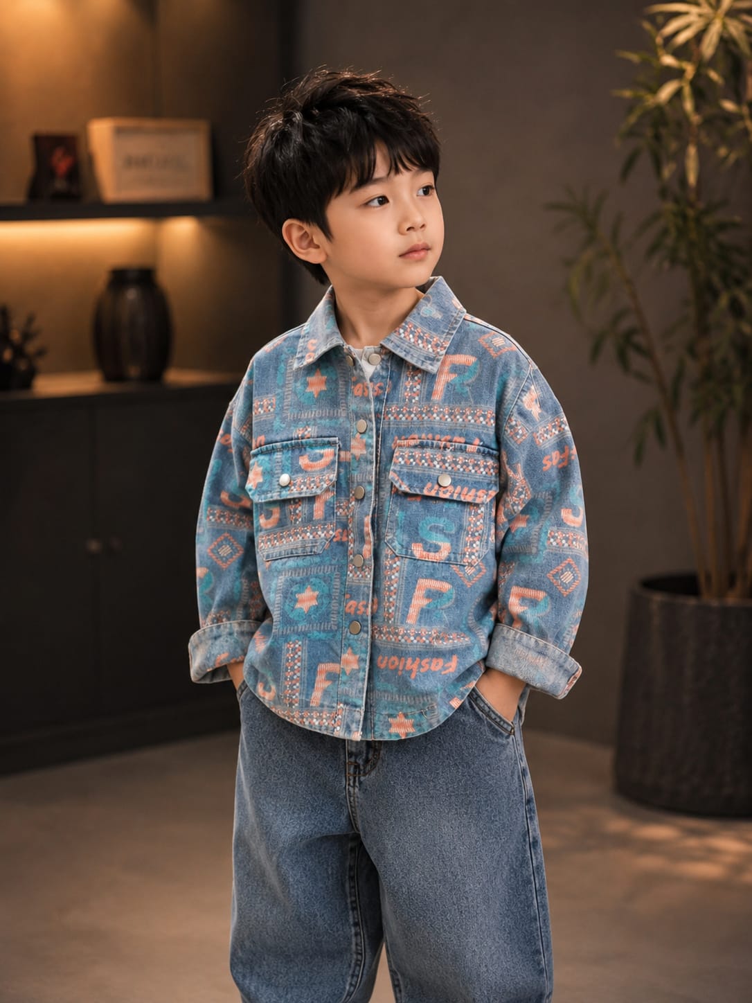 Boys Premium Printed Denim Jacket – Blue Full Sleeve Multi-Pocket Jacket