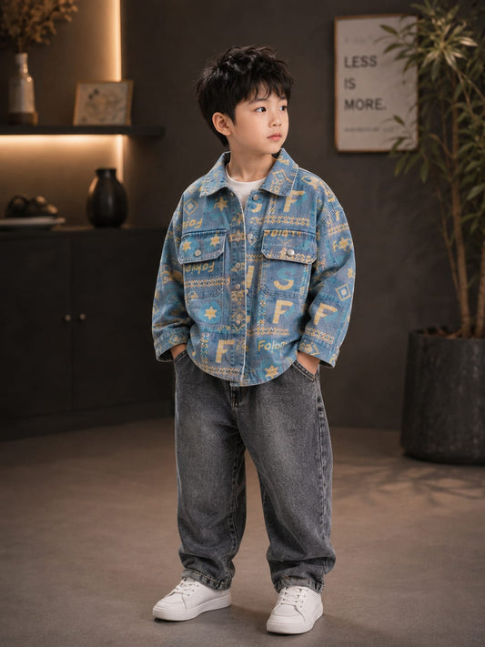 Kids Printed Denim Utility Jacket – Stylish Full Sleeve Jacket for Boys | 5–10 Years