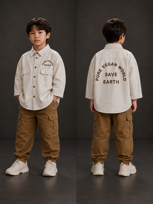 Kids Premium Cream Oversized Shirt | Pure Vegan World Graphic Shirt | 6–12 Years