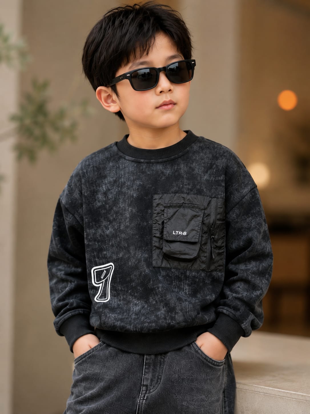 Boys Premium Black Printed Sweatshirt with Utility Pocket | Stylish Kids Sweatshirt | 6–12 Years