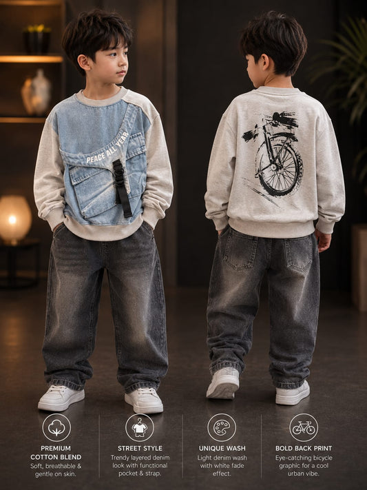 Boys Premium Denim Style Sweatshirt with Utility Pocket | Trendy Kidswear | 6–12 Years