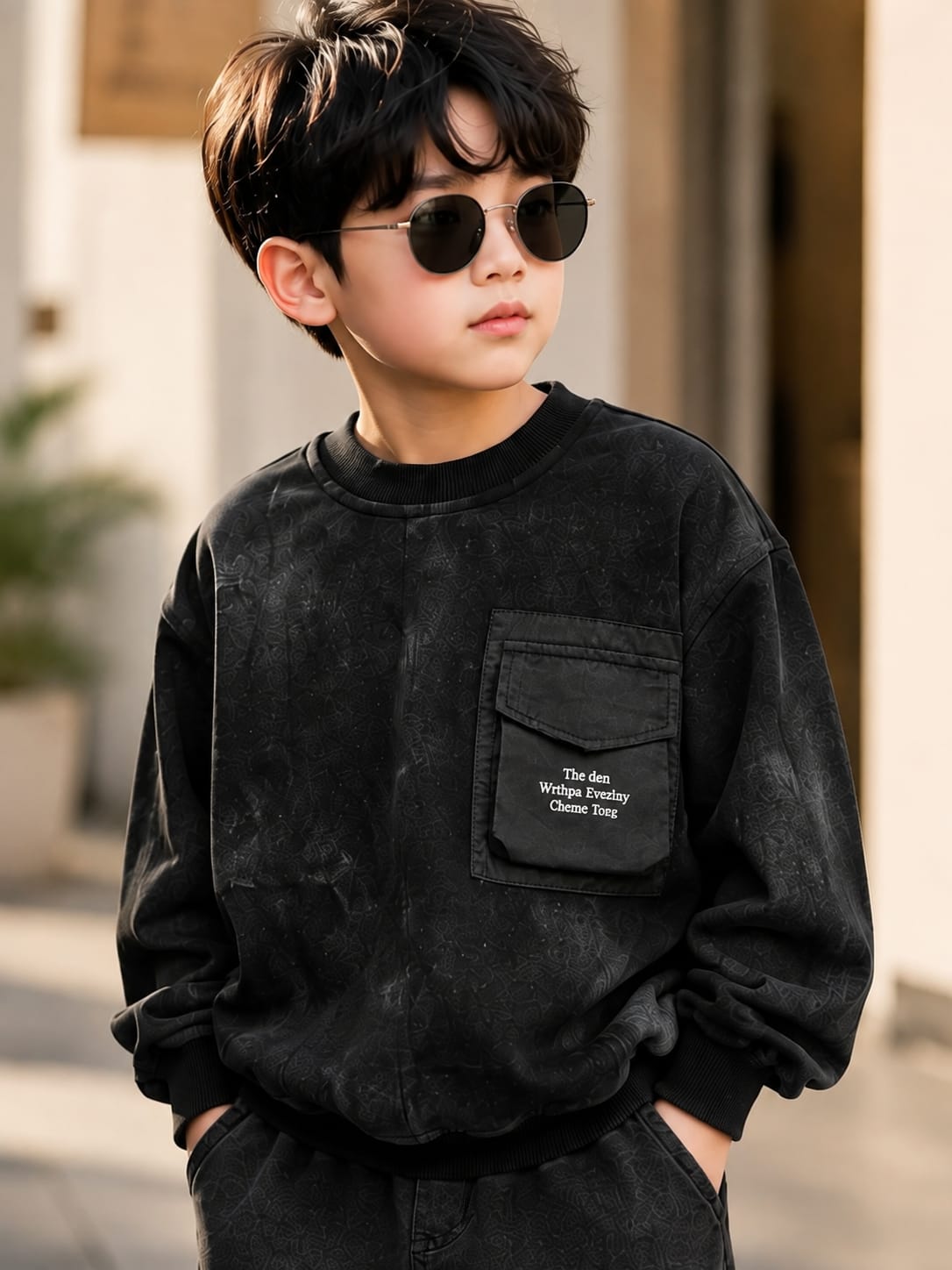 Boys Premium Black Printed Sweatshirt with Utility Pocket | Trendy Streetwear Kidswear | 6–12 Years
