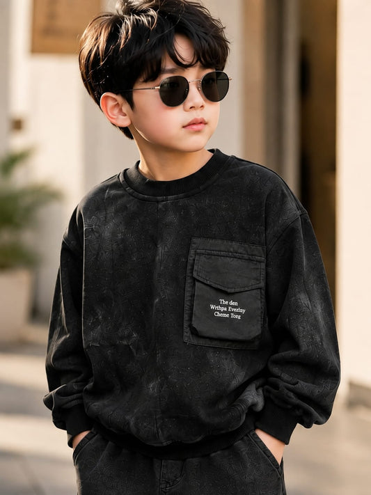 Boys Premium Black Printed Sweatshirt with Utility Pocket | Trendy Streetwear Kidswear | 6–12 Years