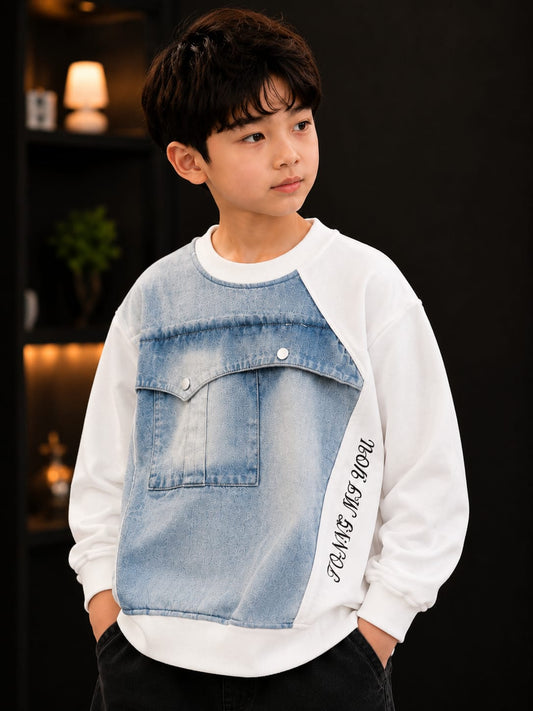 Boys Premium Denim Panel Printed Sweatshirt – Light Blue & White