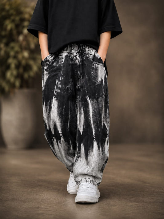 Kids Black & White Abstract Print Wide-Leg Jogger Pants | 6–12 Years