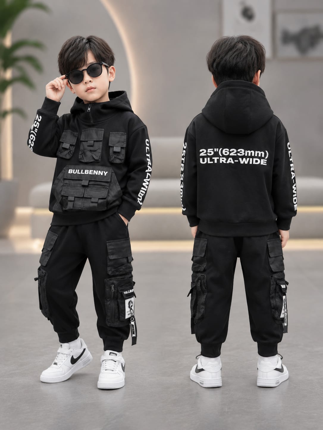 Kids Black Utility Cordset | Hooded Sweatshirt & Cargo Pants Set | 6–12 Years