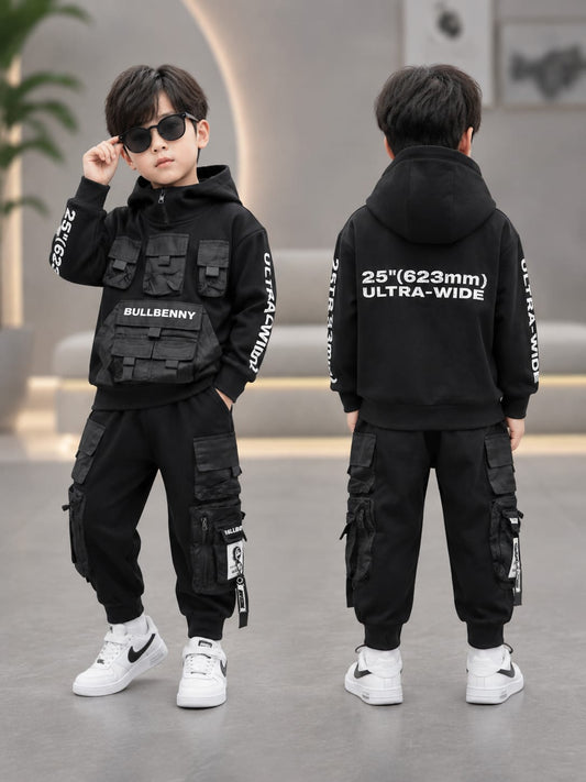 Kids Black Utility Cordset | Hooded Sweatshirt & Cargo Pants Set | 6–12 Years