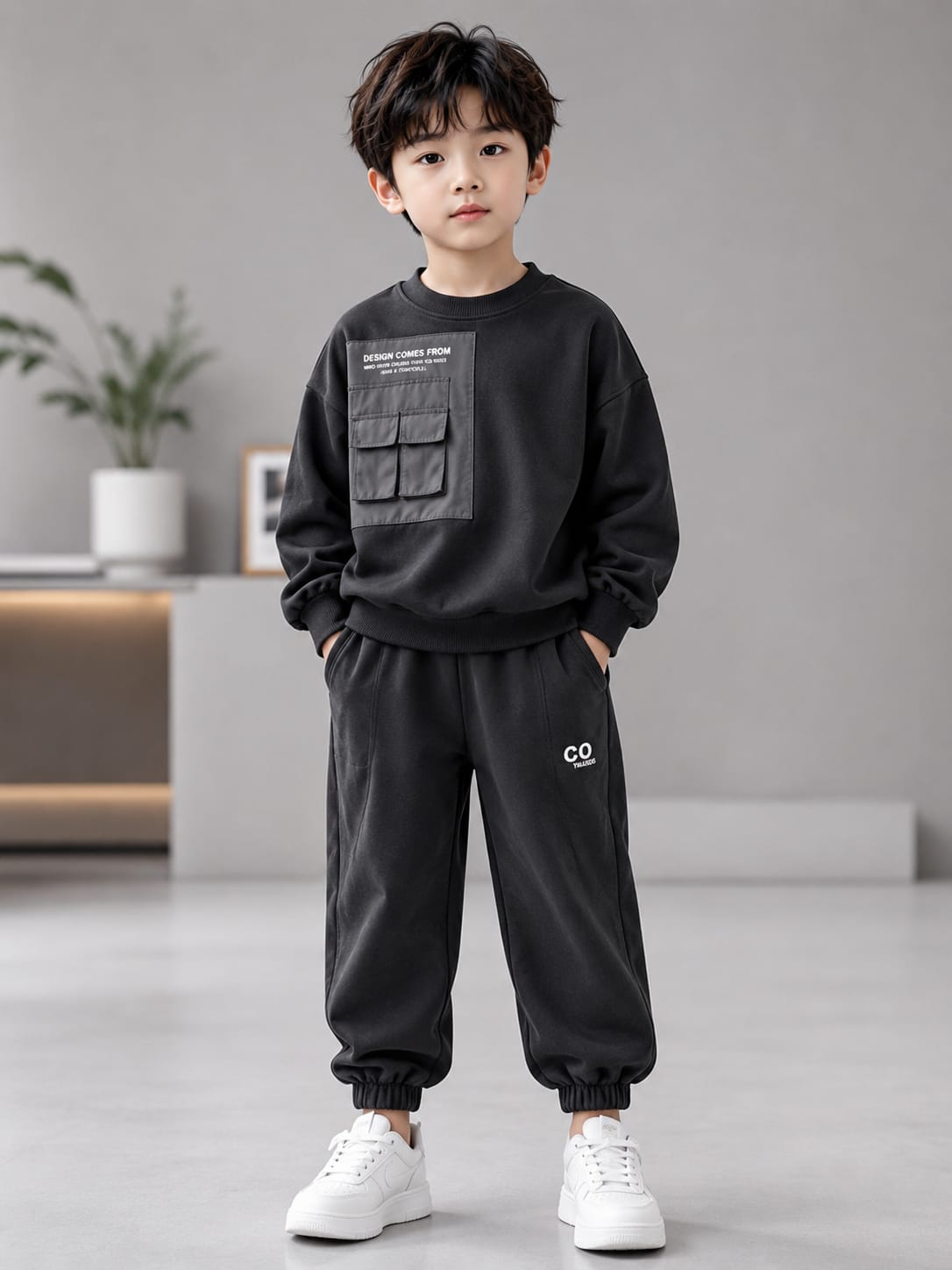 Kids Black Utility Co-Ord Set | Cargo Sweatshirt & Jogger Set | 5–10 Years