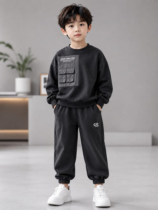Kids Black Utility Co-Ord Set | Cargo Sweatshirt & Jogger Set | 5–10 Years