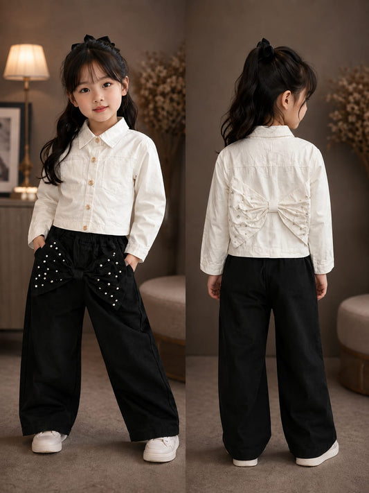 Girls White Bow Detail Shirt & Black Wide-Leg Pants Co-Ord Set | 6–12 Years