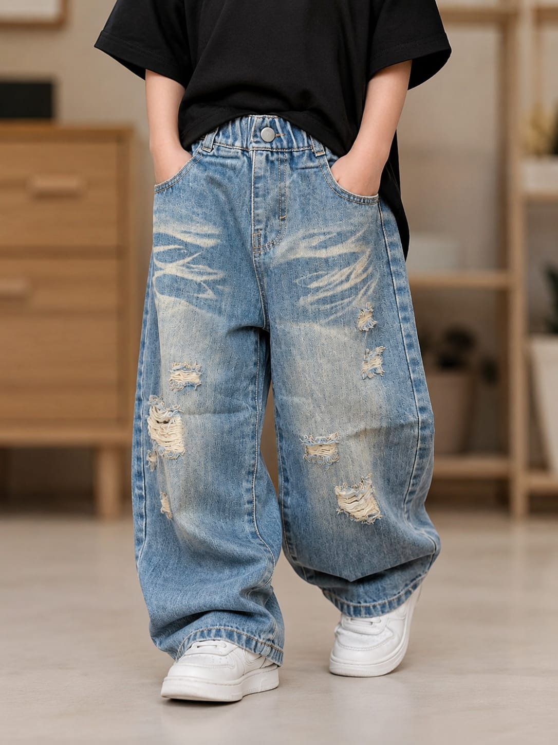 Kids Washed Blue Baggy Fit Distressed Jeans | Wide-Leg Denim | 6–12 Years