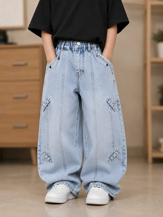 Kids Light Blue Baggy Wide-Leg Jeans with Strap Detail | 6–12 Years