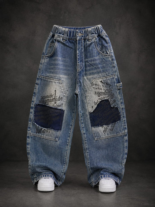 Kids Oversized Patchwork Denim Jeans – Blue | 6–12 Years