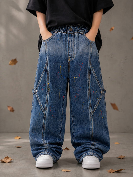 Kids Oversized Blue Denim Jeans with Side Strap Detailing – 6–12 Years