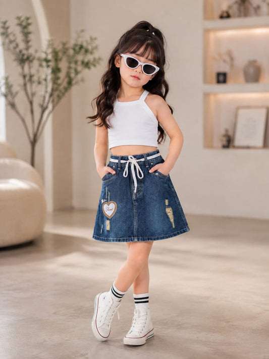 Girls Sweet Heart Embroidered Denim Skirt | Adjustable Drawstring A-Line Skirt for Kids