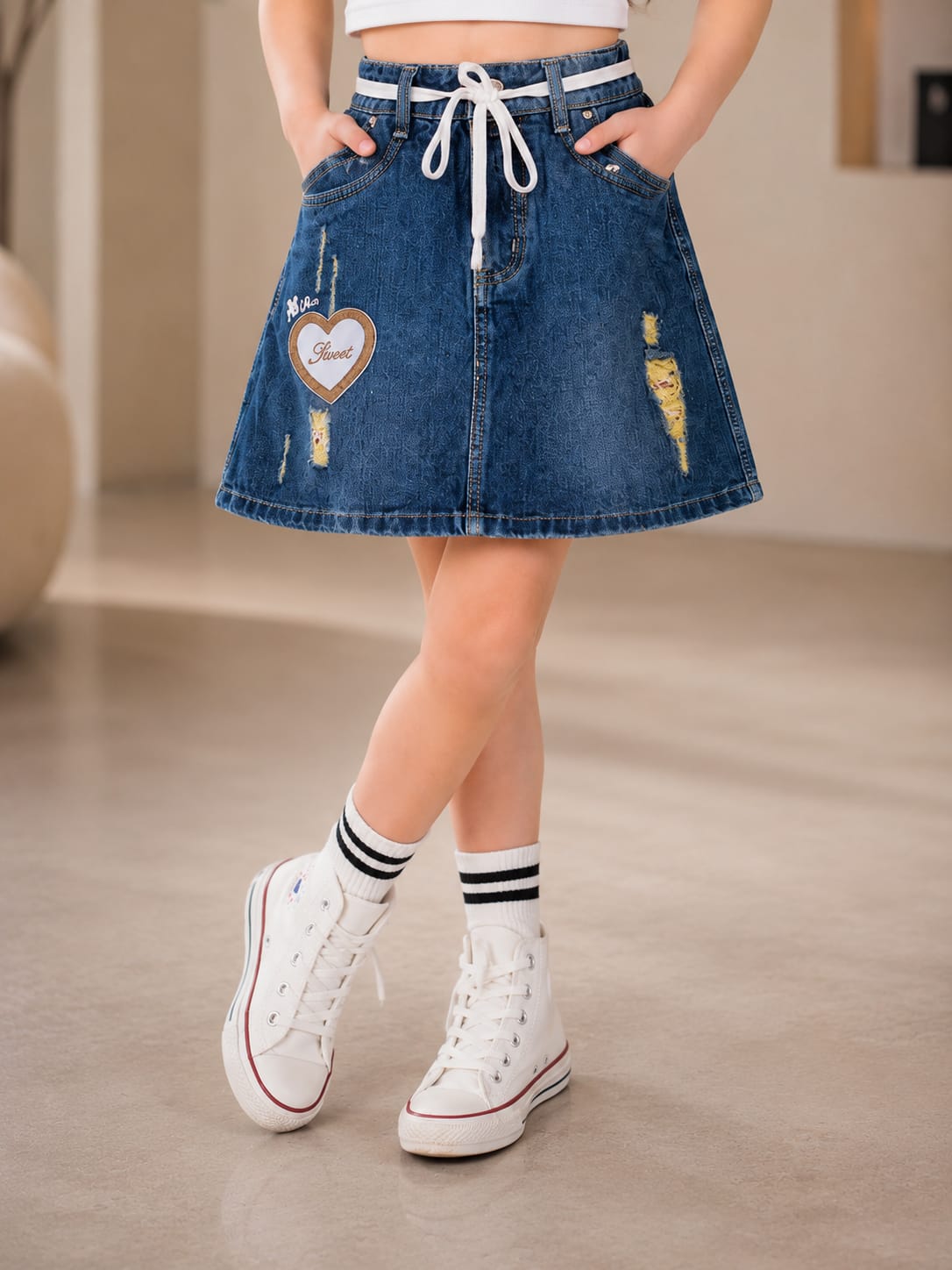 Girls Sweet Heart Embroidered Denim Skirt | Adjustable Drawstring A-Line Skirt for Kids