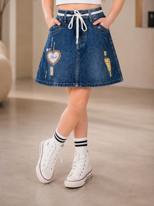 Girls Sweet Heart Embroidered Denim Skirt | Adjustable Drawstring A-Line Skirt for Kids
