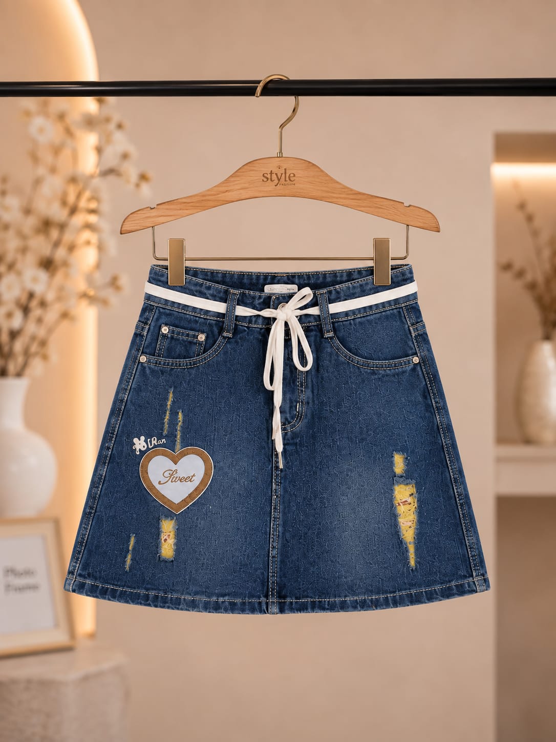 Girls Sweet Heart Embroidered Denim Skirt | Adjustable Drawstring A-Line Skirt for Kids