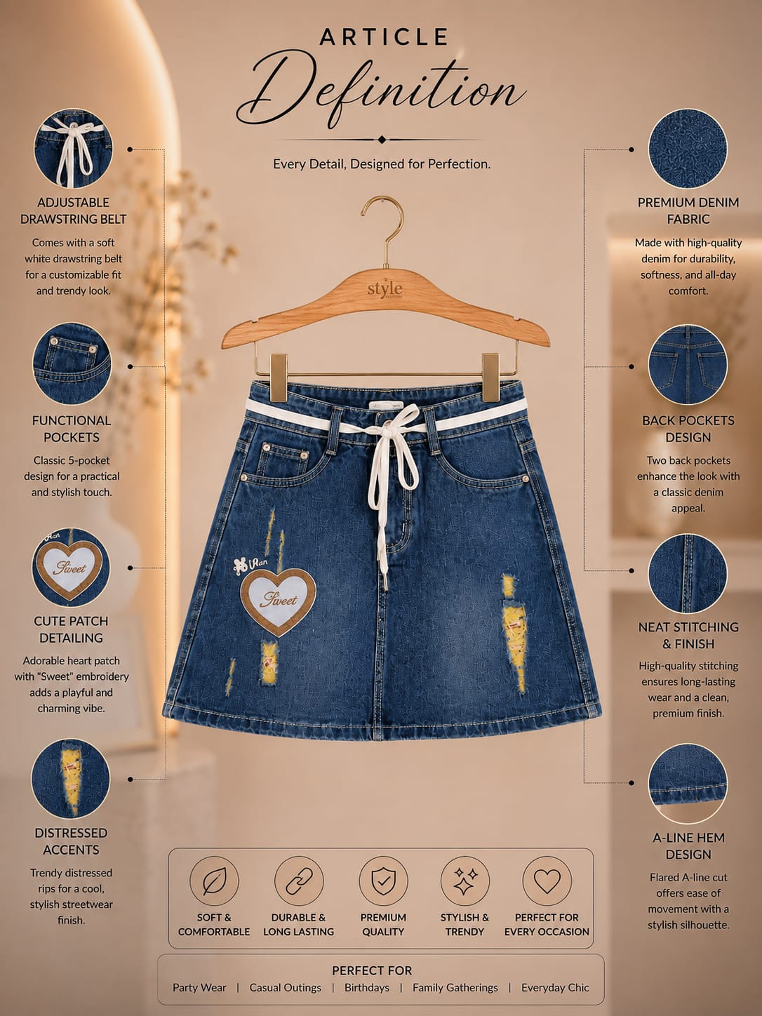 Girls Sweet Heart Embroidered Denim Skirt | Adjustable Drawstring A-Line Skirt for Kids