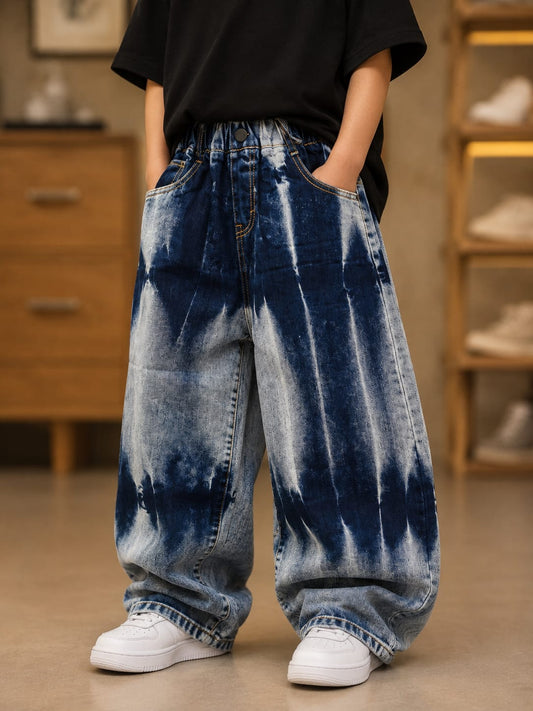 Girls Tie-Dye Baggy Denim Jeans | Korean Streetwear Wide Leg Jeans | 6-11 Years