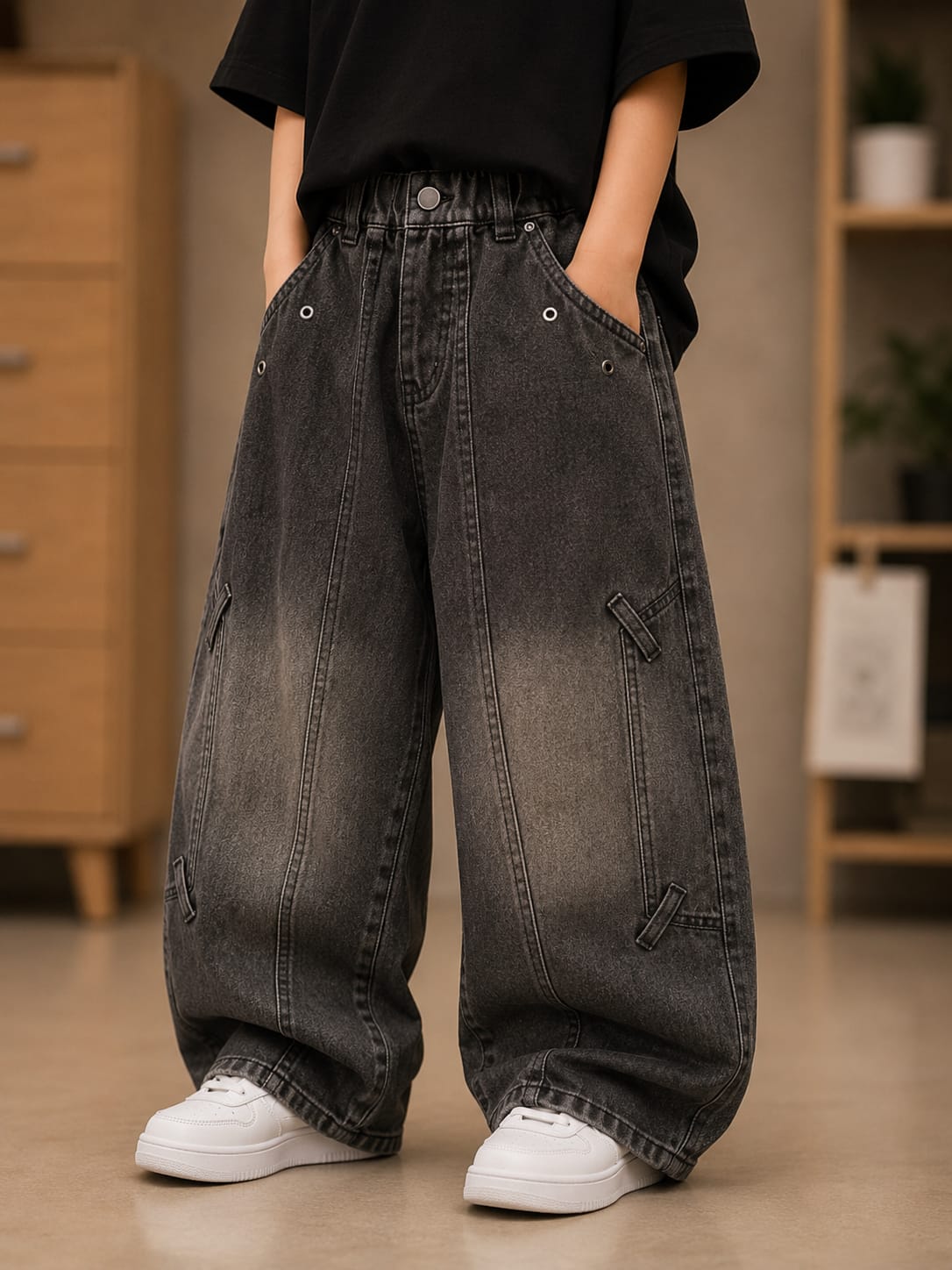 Girls Black Washed Baggy Cargo Jeans | Korean Streetwear Denim | 6-11 Years