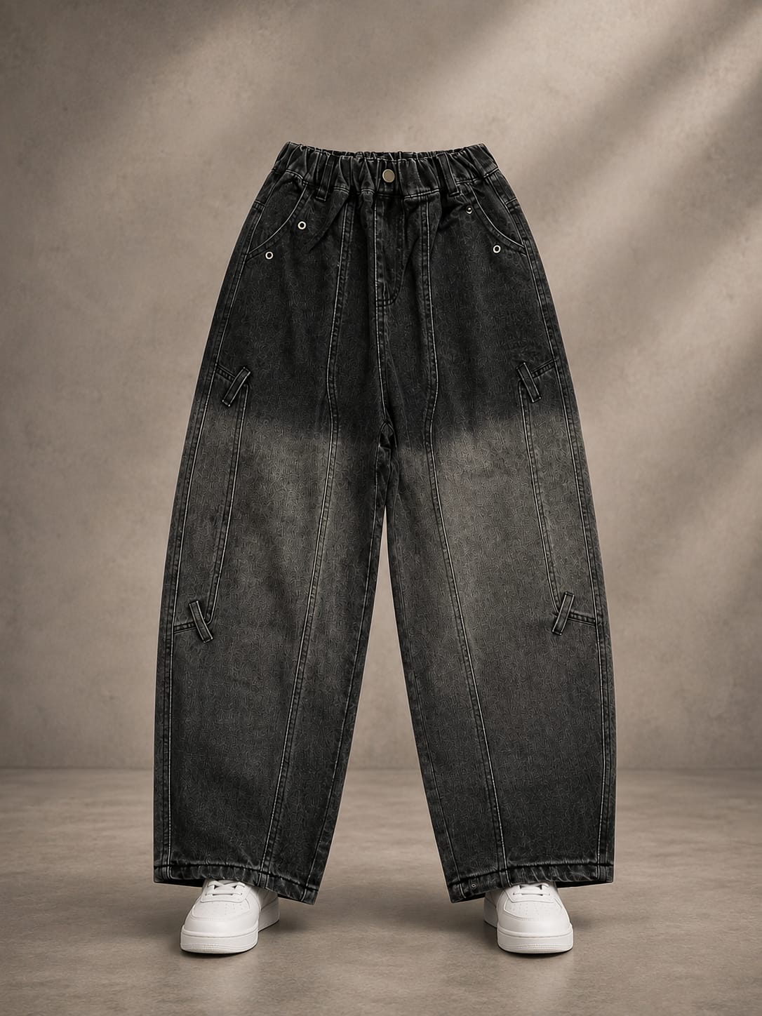 Girls Black Washed Baggy Cargo Jeans | Korean Streetwear Denim | 6-11 Years
