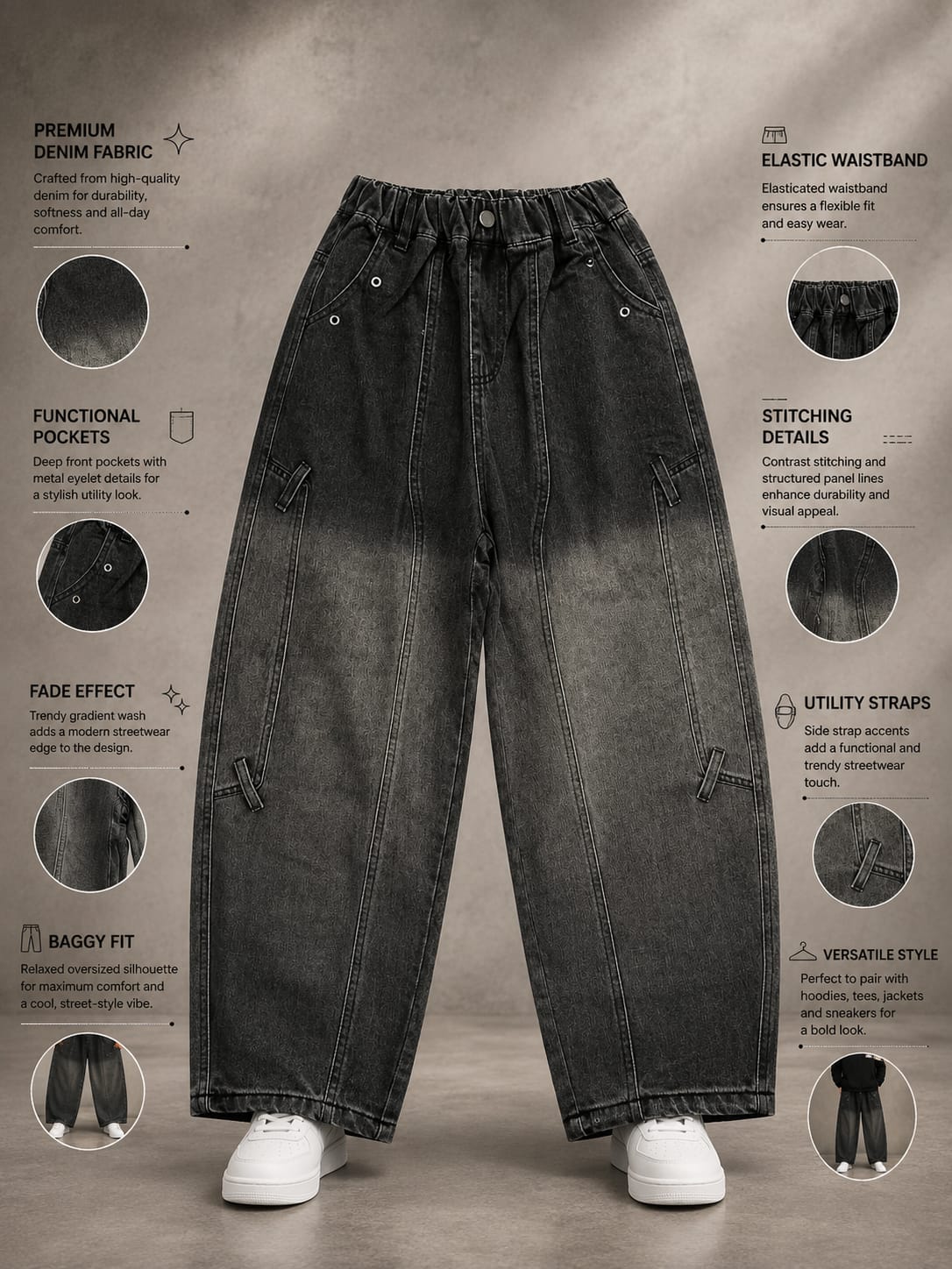Girls Black Washed Baggy Cargo Jeans | Korean Streetwear Denim | 6-11 Years
