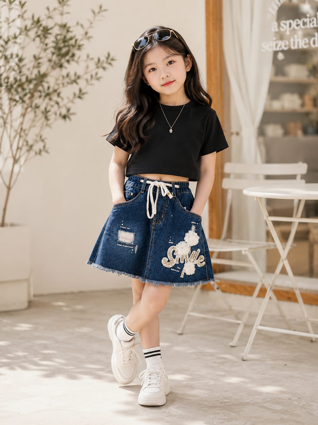 Girls Smile Floral Embellished Denim Skirt | Premium A-Line Drawstring Waist Skirt for Kids