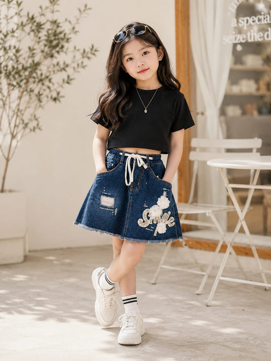 Girls Smile Floral Embellished Denim Skirt | Premium A-Line Drawstring Waist Skirt for Kids