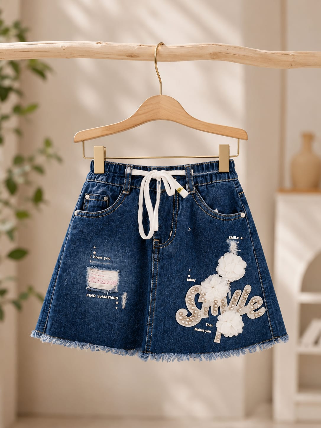 Girls Smile Floral Embellished Denim Skirt | Premium A-Line Drawstring Waist Skirt for Kids