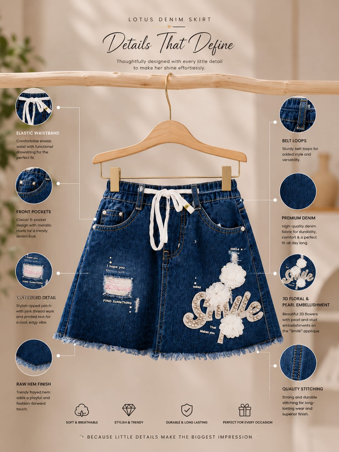 Girls Smile Floral Embellished Denim Skirt | Premium A-Line Drawstring Waist Skirt for Kids